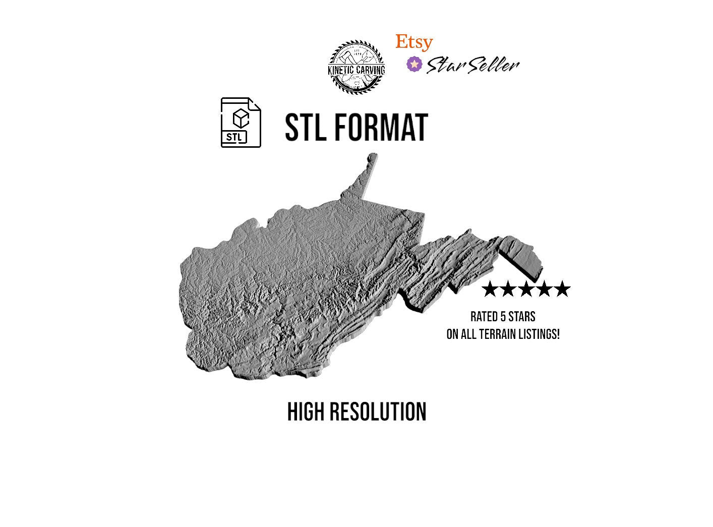 3D STL Terrain Model of West Virginia, USA